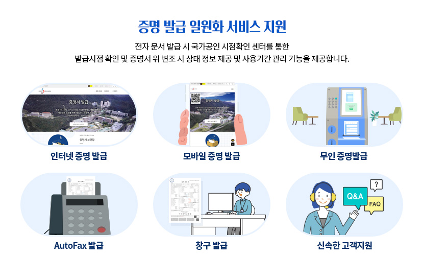 증명 발급 일원화 서비스 지원 인터넷 증명 발급, 모바일 증명 발급, 무인 증명 발급, AutoFax 발급, 창구 발급, 신속한 고객지원