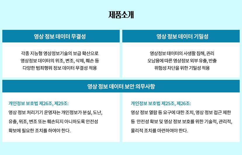 제품소개 영상 정보 데이터 무결성, 영상 정보 데이터 기밀성, 영상 정보 데이터 보안 의무사항